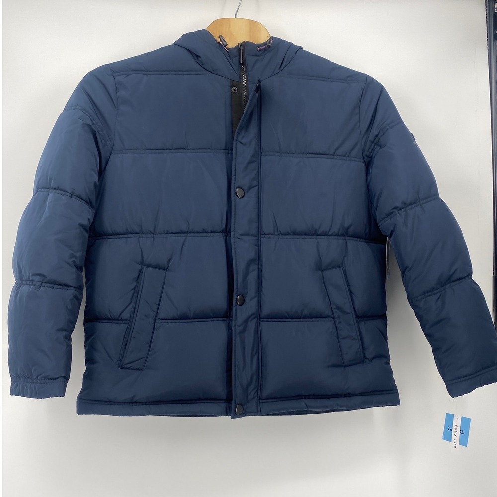 London Fog Hooded Puffer Jacket Mens Large Navy Blue Full Zip Quilted Coat NEW